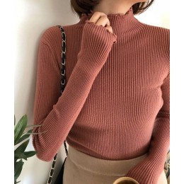 Sweter z golfem Ruched Women High Elastic Solid 2019 sweter z jesienno-zimowej mody damskie Slim Sexy dzianinowe swetry Pink Whi