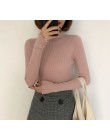 Sweter z golfem Ruched Women High Elastic Solid 2019 sweter z jesienno-zimowej mody damskie Slim Sexy dzianinowe swetry Pink Whi