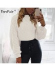 Forefair Casual sweter z golfem kobieta zima dzianinowe swetry latarnia rękaw krótki czarny biały dzianiny solidna kurtka damska