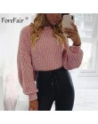 Forefair Casual sweter z golfem kobieta zima dzianinowe swetry latarnia rękaw krótki czarny biały dzianiny solidna kurtka damska