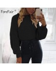 Forefair Casual sweter z golfem kobieta zima dzianinowe swetry latarnia rękaw krótki czarny biały dzianiny solidna kurtka damska