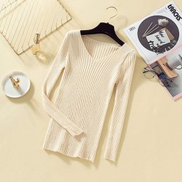 Sweter pulower z dzianiny kobiet 2019 zimowe ubrania damskie Jumper V Neck miękkie żebra dzianiny zima topy dzianina Pull Femme 