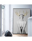 Nordic Antlers girls Figuars obraz ścienny na płótnie plakaty czarny biały akt artystyczny zdjęcia do salonu Morden Decor