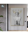 Nordic Antlers girls Figuars obraz ścienny na płótnie plakaty czarny biały akt artystyczny zdjęcia do salonu Morden Decor