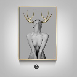 Nordic Antlers girls Figuars obraz ścienny na płótnie plakaty czarny biały akt artystyczny zdjęcia do salonu Morden Decor