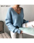 WOTWOY jesienno-zimowa trykotowa, w stylu Basic niebieski biały sweter damski 2020 Fashion Casual V-neck damskie swetry Korean l