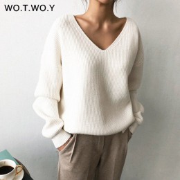 WOTWOY jesienno-zimowa trykotowa, w stylu Basic niebieski biały sweter damski 2020 Fashion Casual V-neck damskie swetry Korean l