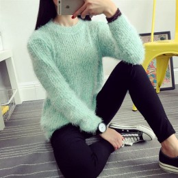 2016 kobiet cukierkowe kolory swetry moda jesień zima ciepły moher O-Neck sweter z długim rękawem Casual Loose sweter bluzki z d