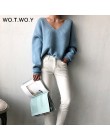 WOTWOY jesienno-zimowa trykotowa, w stylu Basic niebieski biały sweter damski 2020 Fashion Casual V-neck damskie swetry Korean l